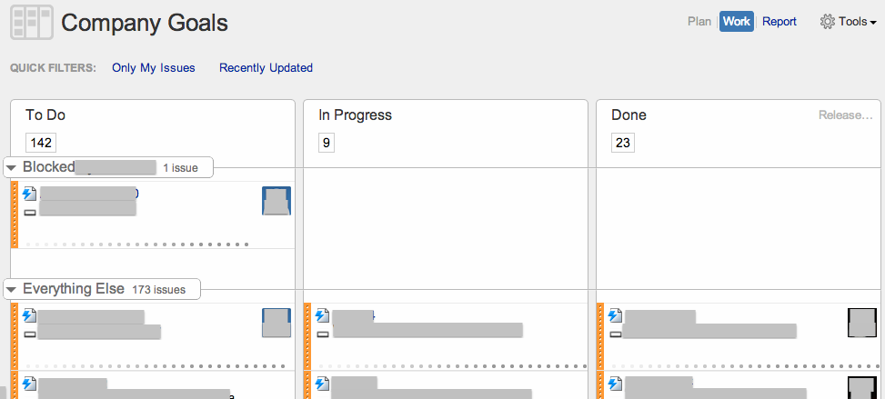 GreenHopper kanban board with swimlane to highlight epics/goals that are blocked