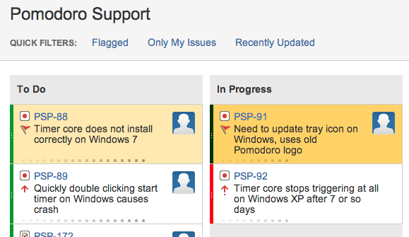 An issue flagged on the GreenHopper Rapid Board for an Agile team