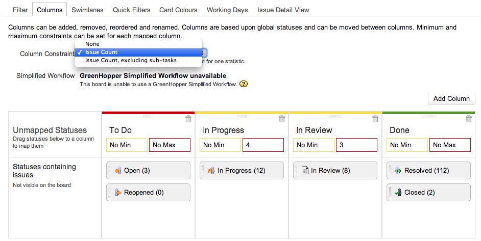 Kanban teams focus with GreenHopper column constraints